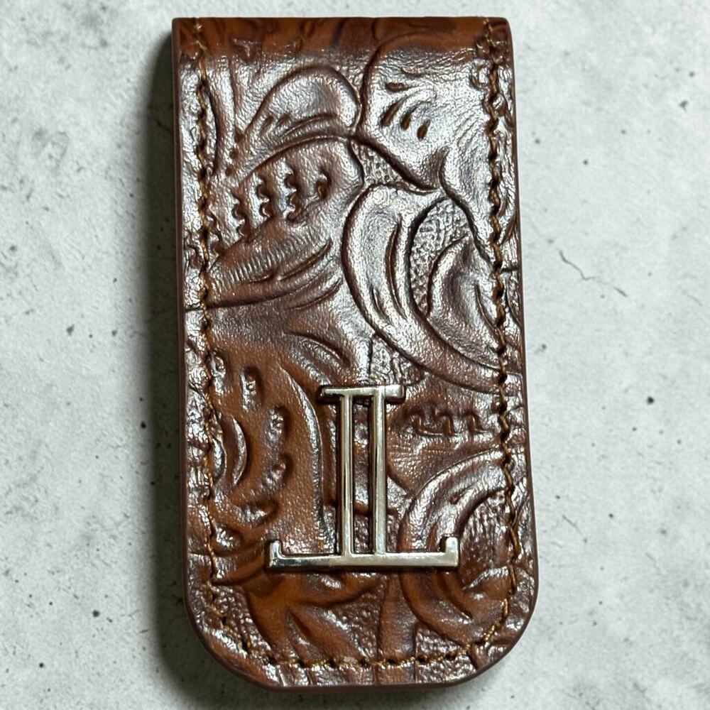 Lucchese Tooled Brown Leather Money Clip New Old Stock Vintage Western Magnetic
